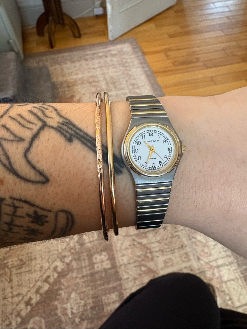 ALFRED SUNG Two-Tone Silver and Gold Slim Bracelet Watch